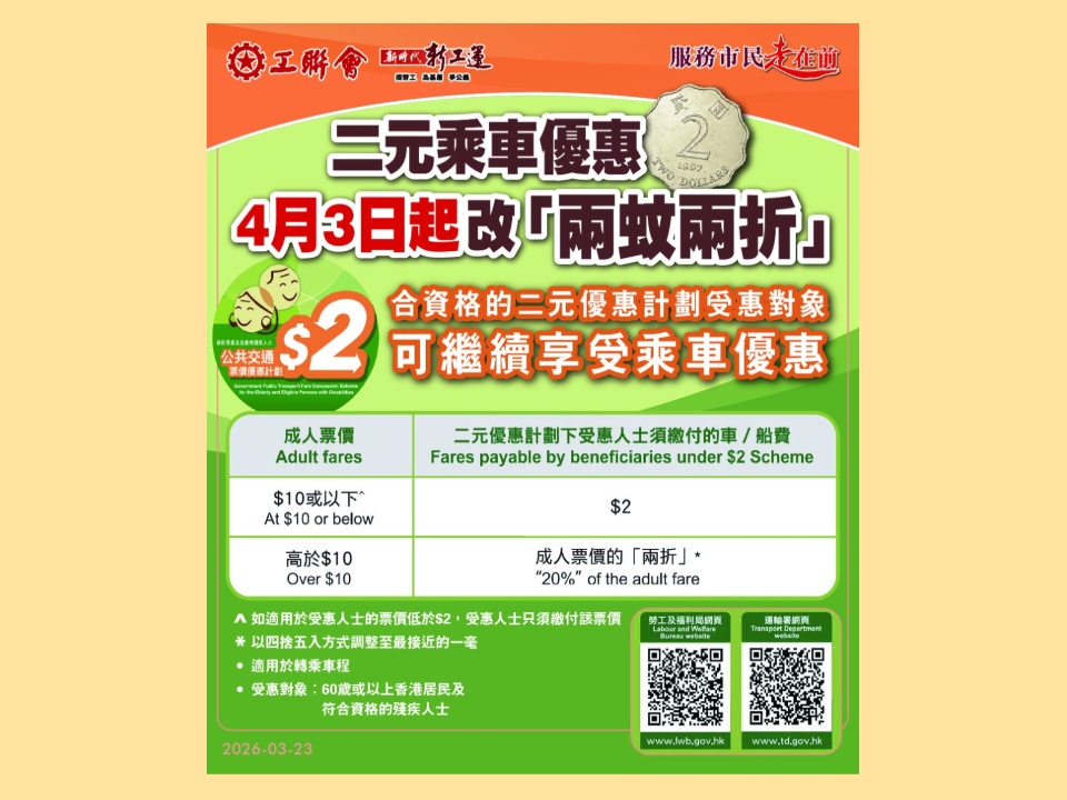 2026-03-23　二元乘車優惠計劃由4月3日起調整為「兩蚊兩折」