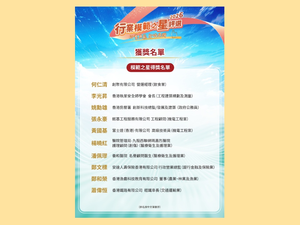 2026-04-28　「行業模範之星評選2026」獲獎名單公布（附得獎名單）