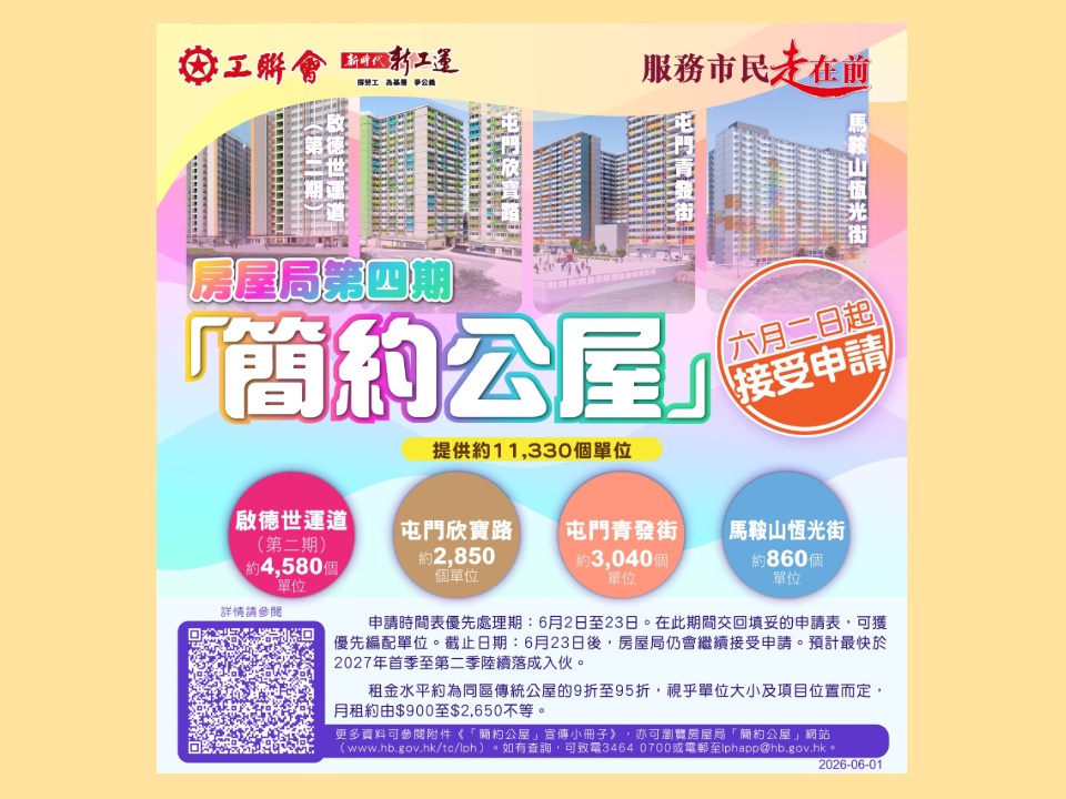 2026-06-02　第四期「簡約公屋」接受申請　租金低至900元