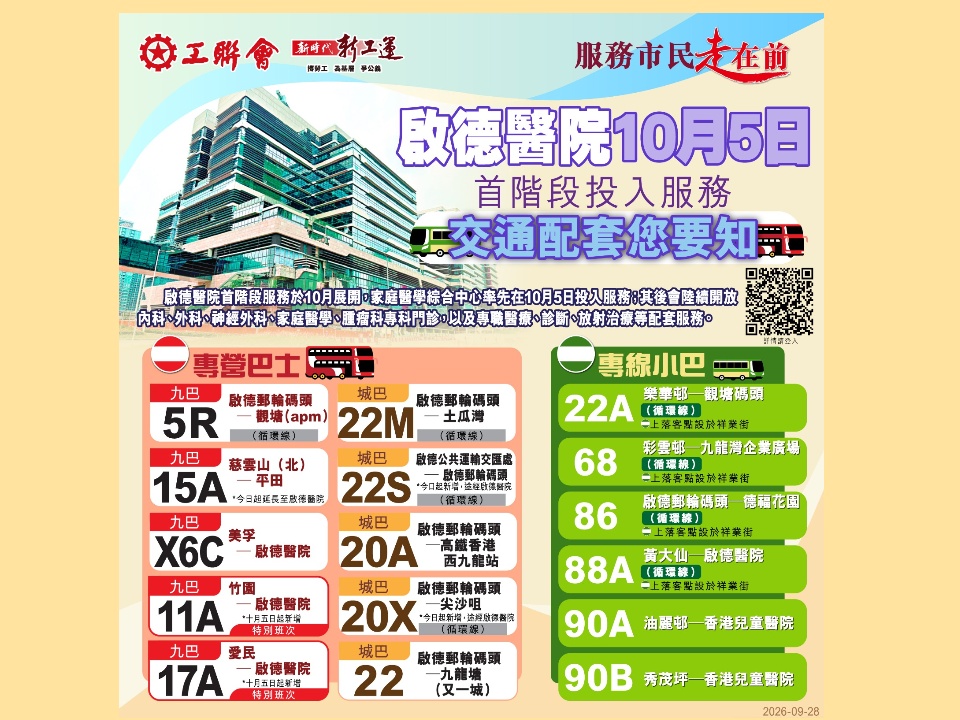 2026-09-28 啟德醫院下月分階段啟用 設10條巴士及6條小巴路線